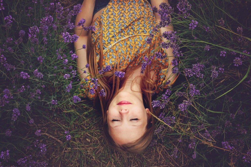 girl, lavender, asleep