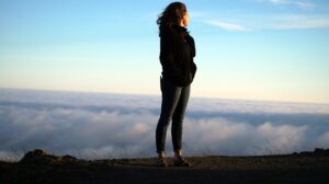 woman, heights, clouds